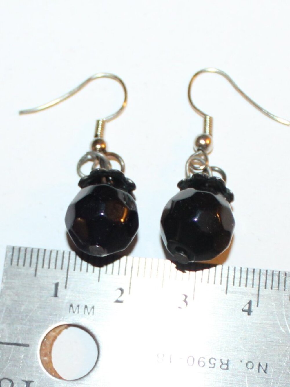 Faceted Black Bead Drop Earrings with Flower Cap Vintage 80's Costume Jewelry